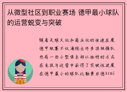 从微型社区到职业赛场 德甲最小球队的运营蜕变与突破