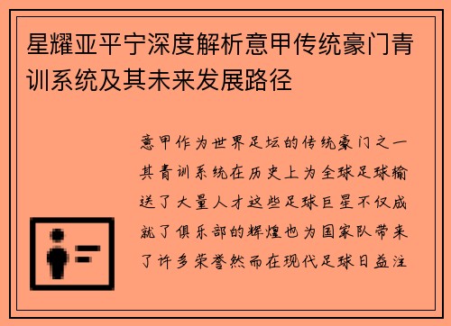 星耀亚平宁深度解析意甲传统豪门青训系统及其未来发展路径