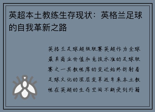 英超本土教练生存现状：英格兰足球的自我革新之路